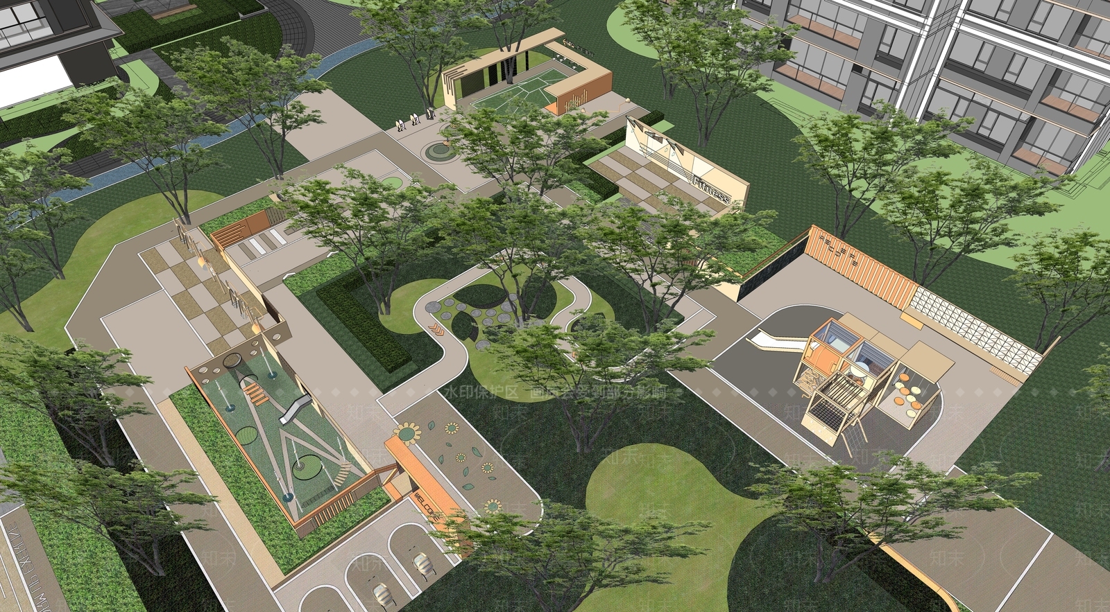 现代新中式小区景观SU模型下载【ID:1198528601】