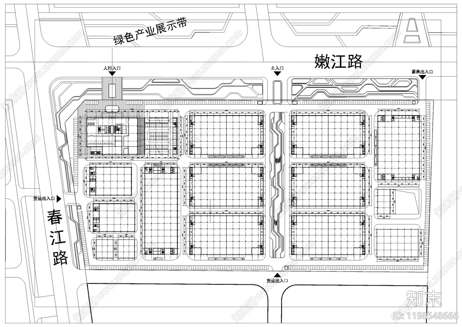 现代产业园建筑cad施工图下载【ID:1198548666】