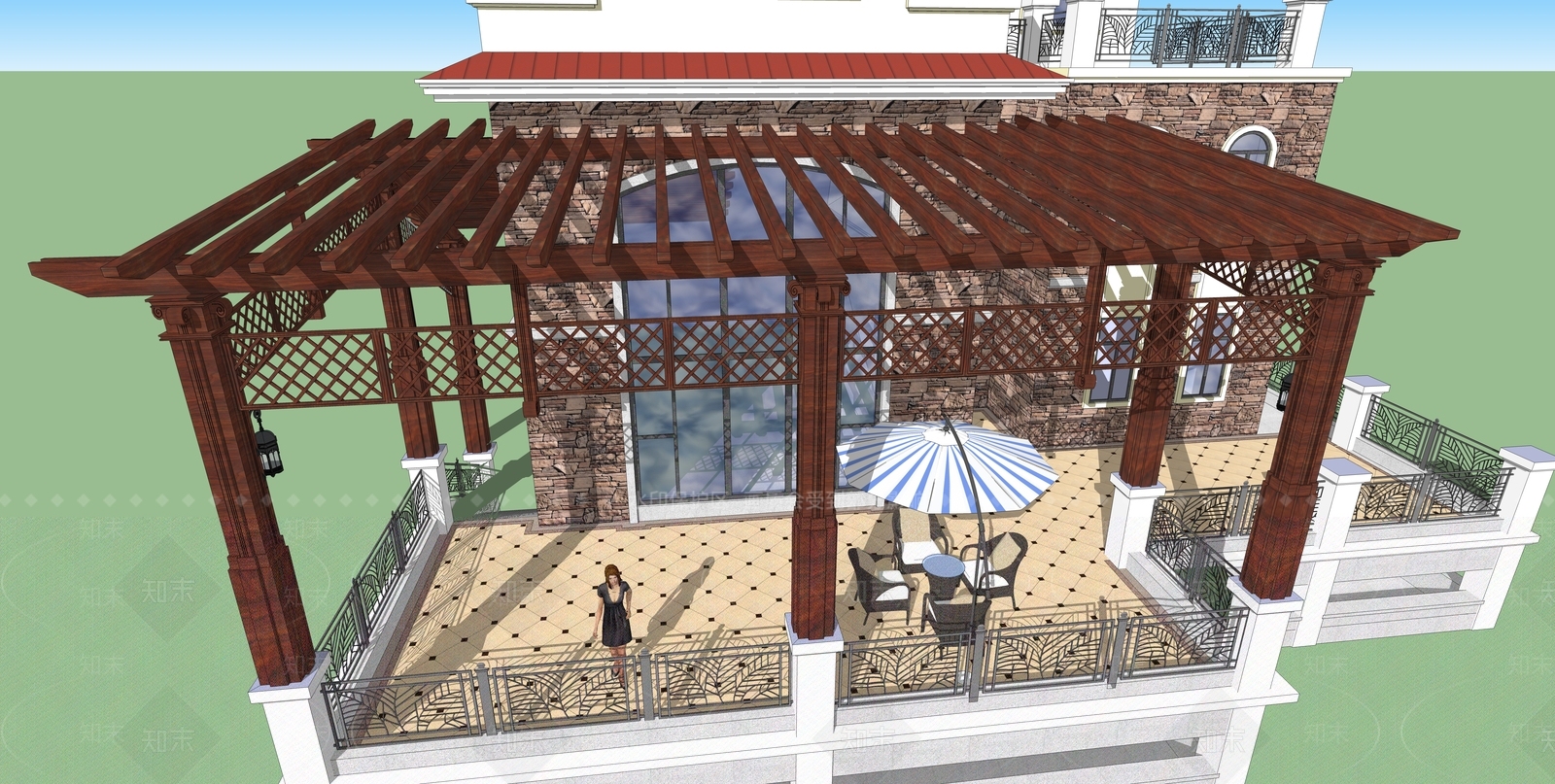 中式欧式廊架SU模型下载【ID:1198549908】