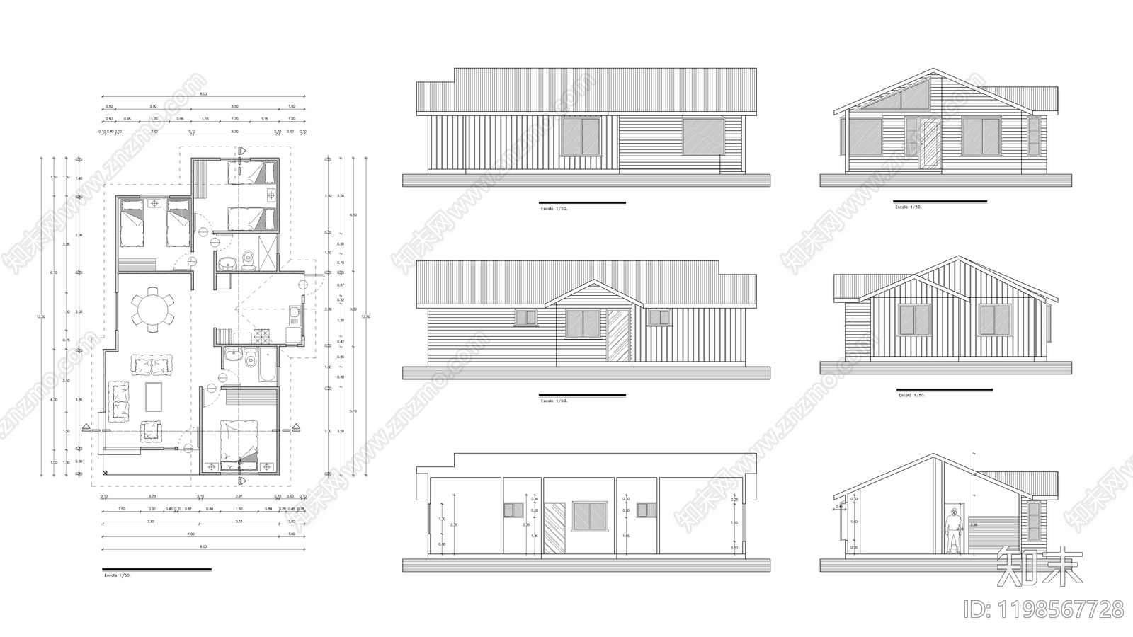 现代别墅建筑施工图下载【ID:1198567728】