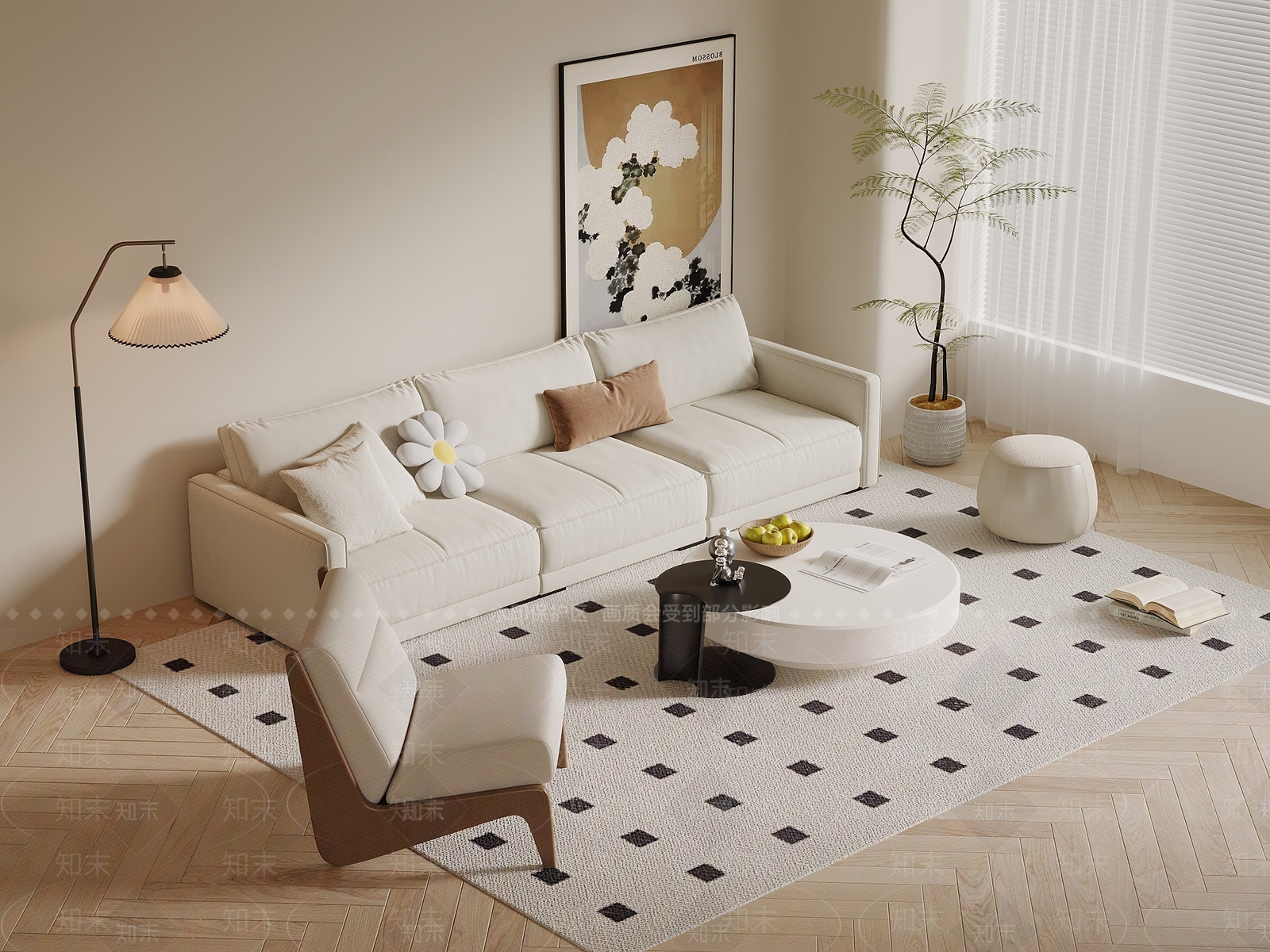 现代奶油多人沙发3D模型下载【ID:1198568064】