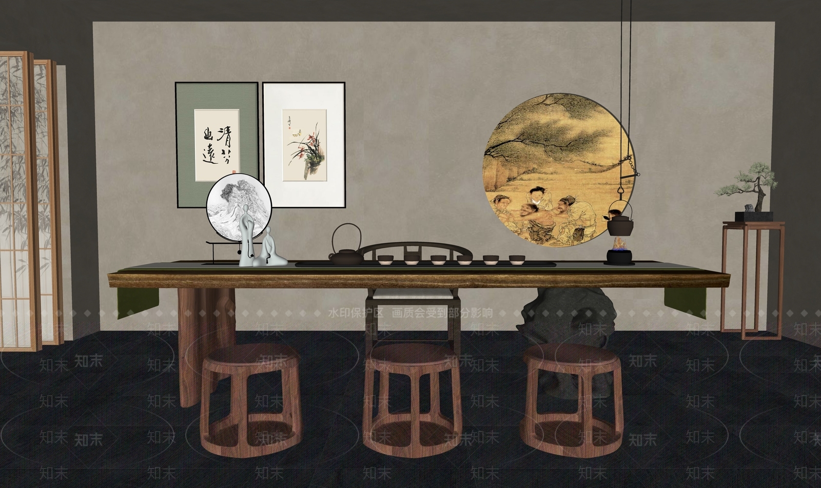 新中式禅意茶室SU模型下载【ID:1198570120】