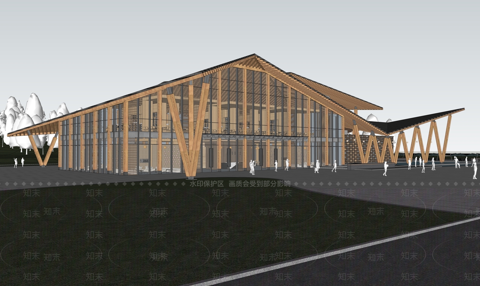 新中式展览馆建筑SU模型下载【ID:1198586593】