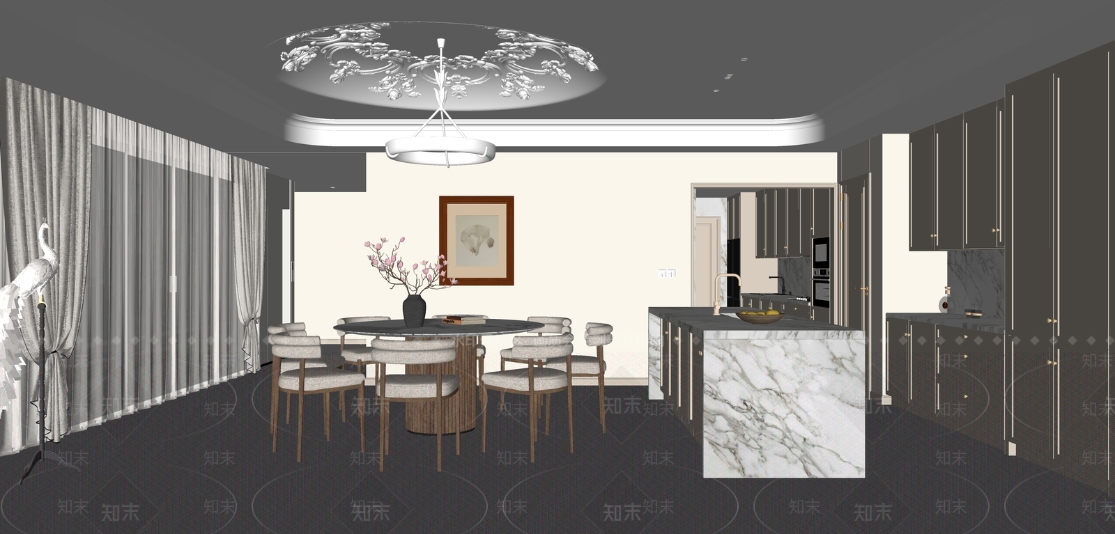大理石厨房岛台岛台SU模型下载【ID:1227555750】