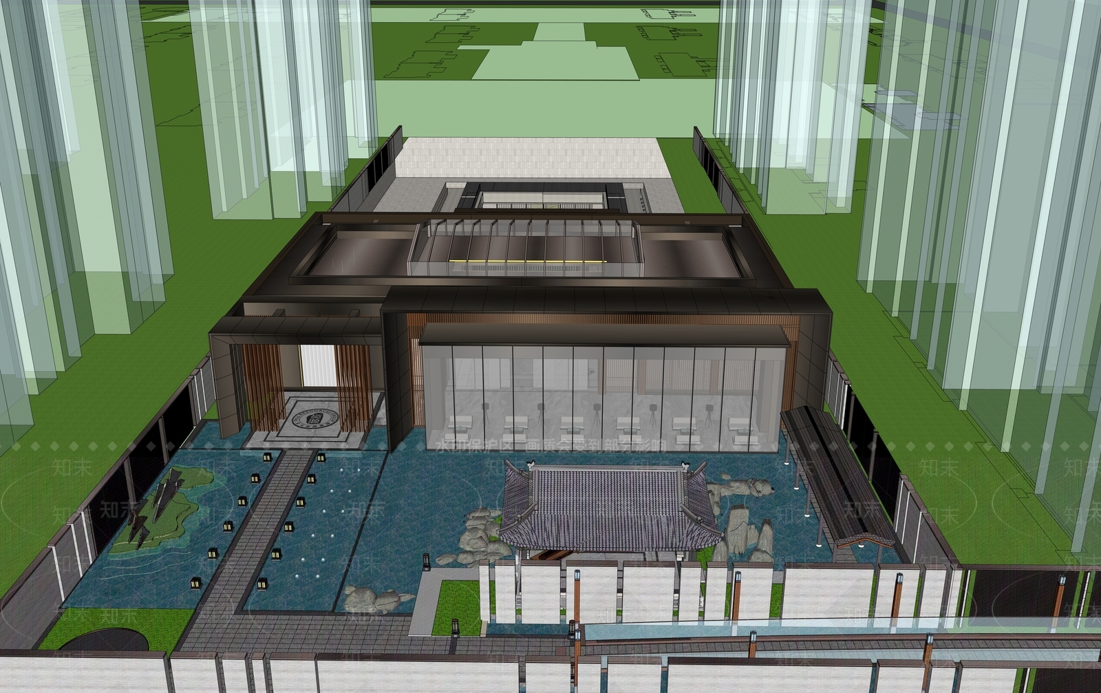 新中式现代售楼处建筑SU模型下载【ID:1198653648】