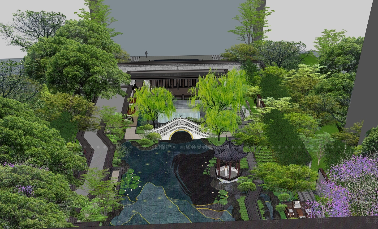 新中式中式售楼处建筑SU模型下载【ID:1198658354】