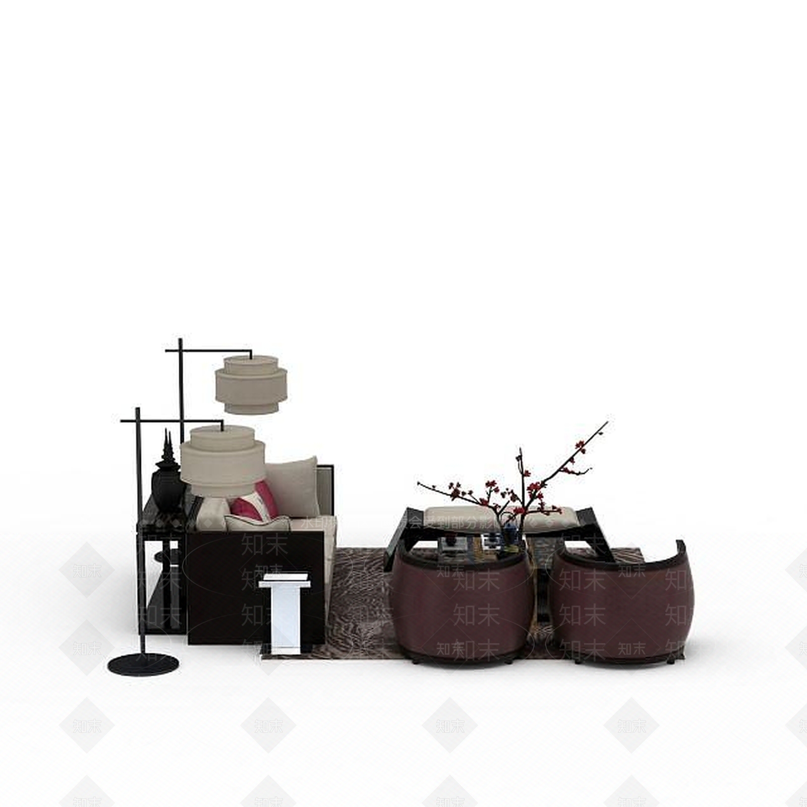 中式风格沙发茶几组合3D模型下载【ID:1198670015】