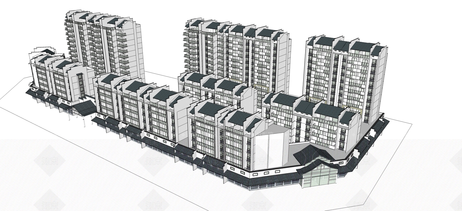 中式小区建筑SU模型下载【ID:1198678909】