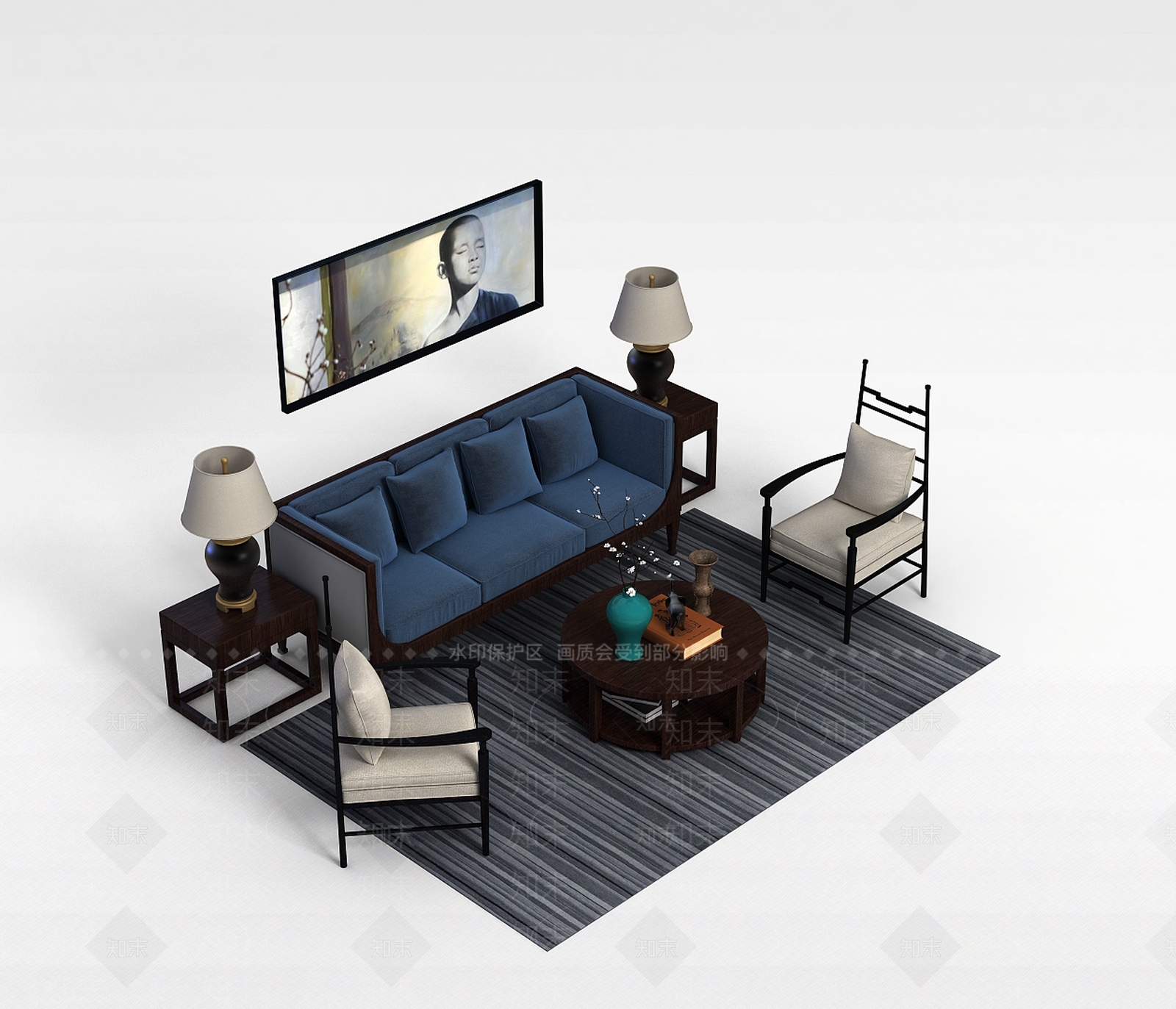 中式沙发茶几组合3D模型下载【ID:1198679064】