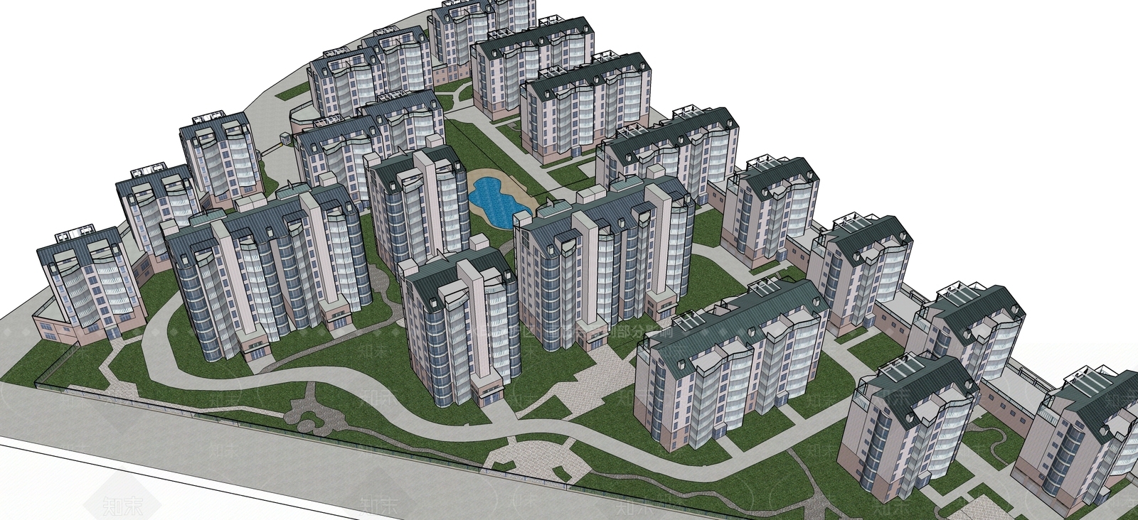 中式小区建筑SU模型下载【ID:1198679670】