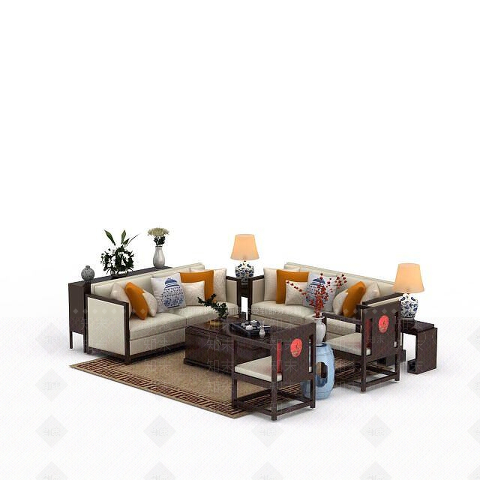 中式沙发茶几组合3D模型下载【ID:1198680373】