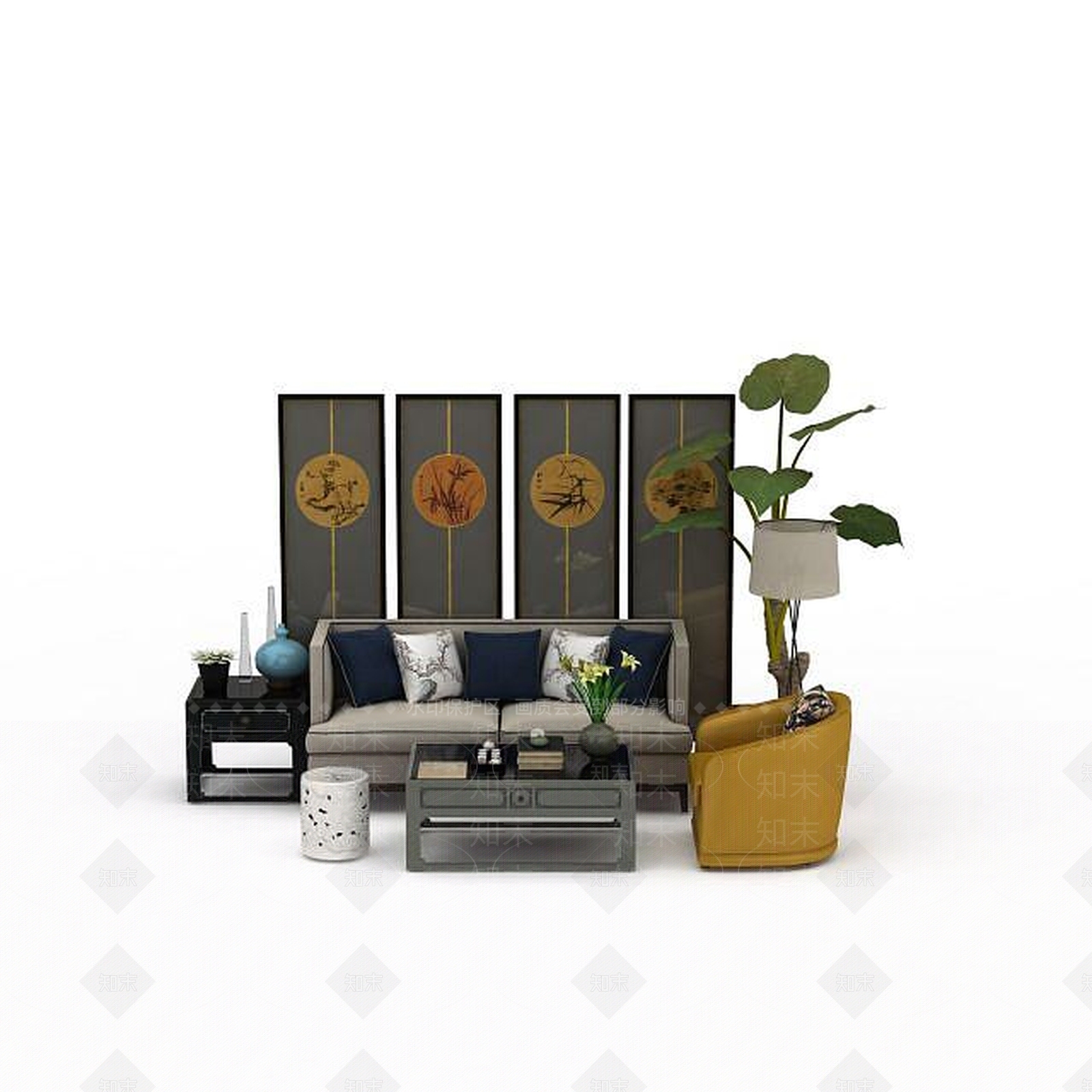 中式沙发茶几组合3D模型下载【ID:1198682111】