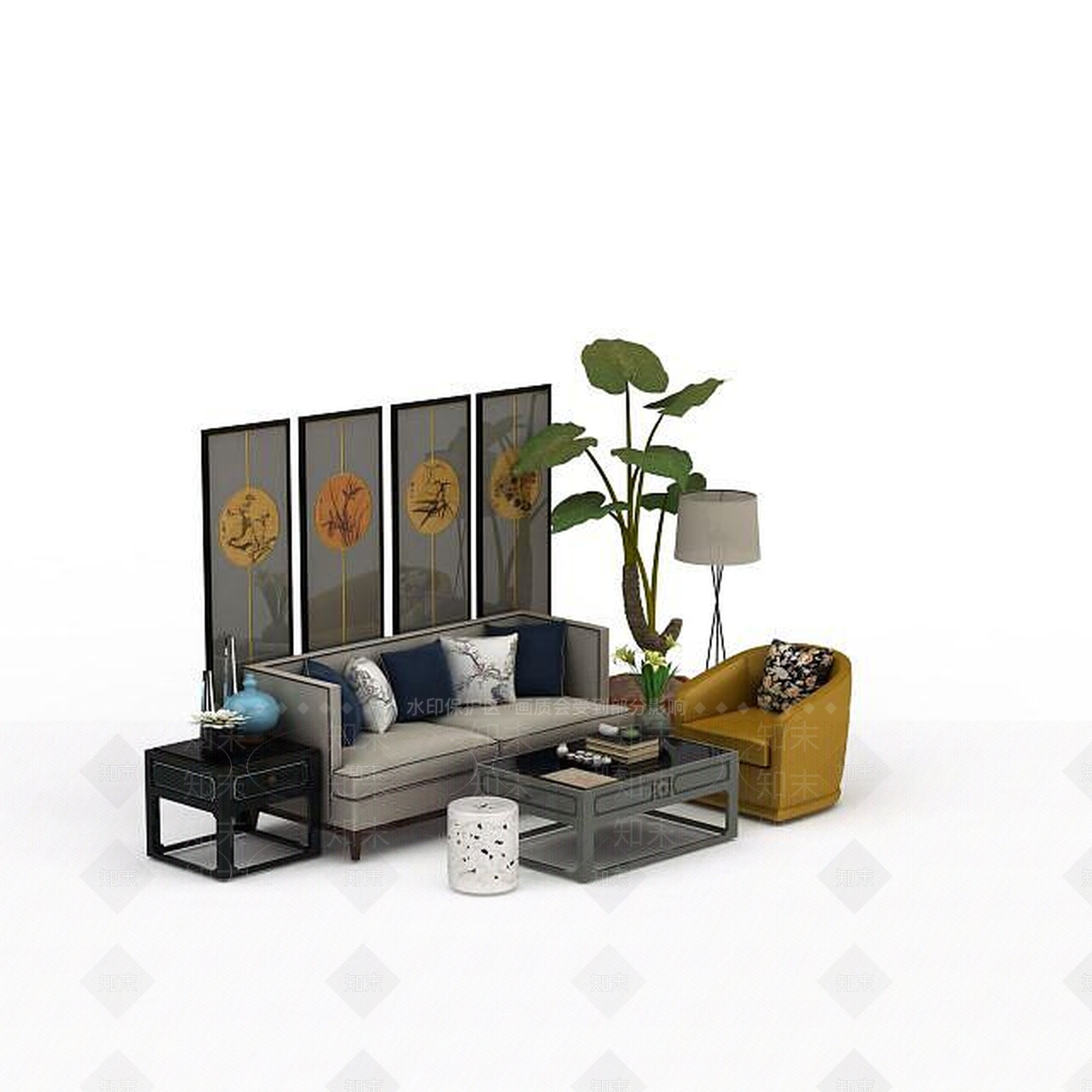 中式沙发茶几组合3D模型下载【ID:1198682111】
