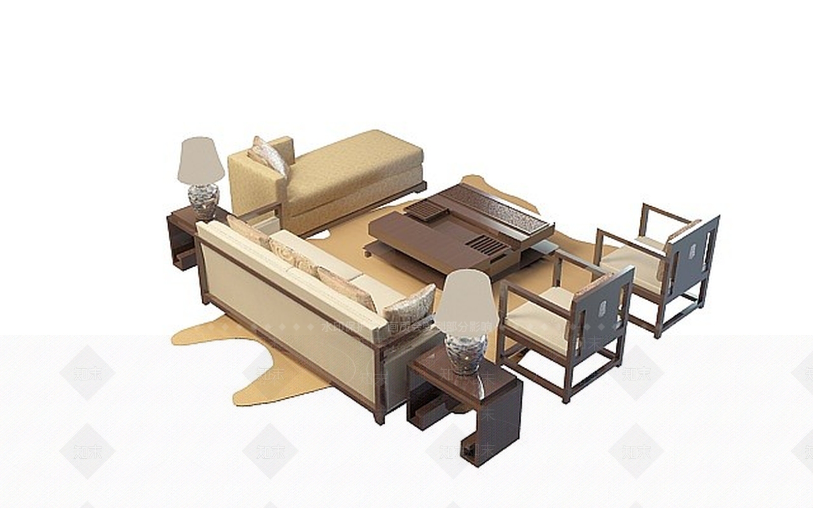 中式客厅沙发茶几3D模型下载【ID:1198698354】