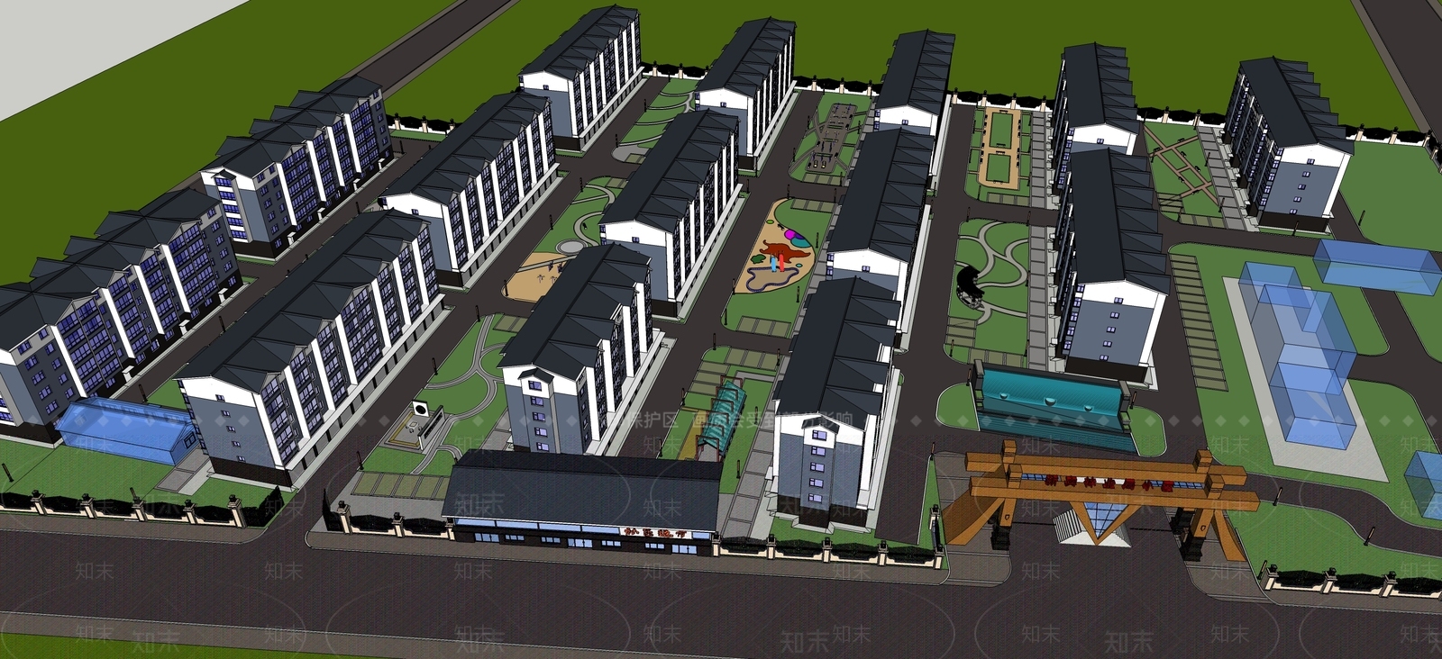 中式小区建筑SU模型下载【ID:1198716969】