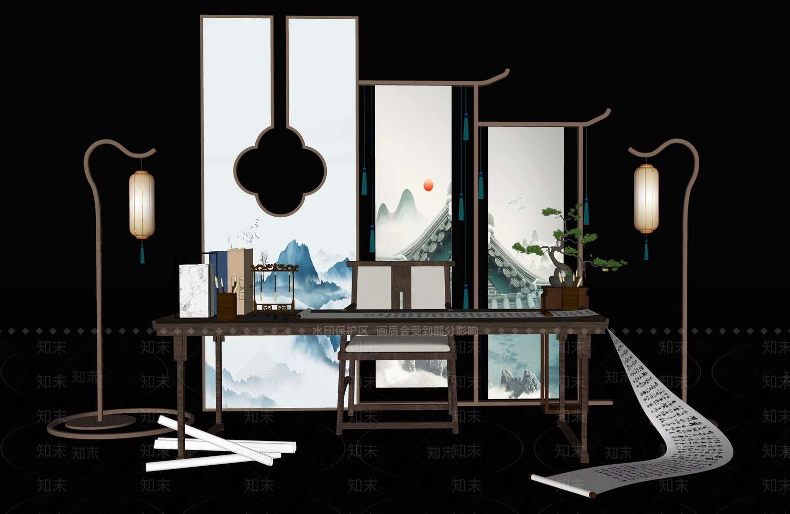 新中式屏风SU模型下载【ID:1198711347】