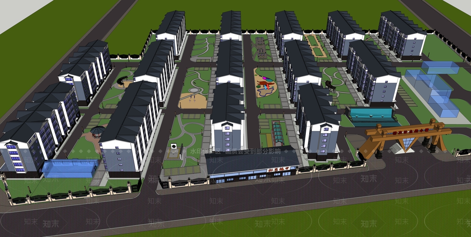 中式小区建筑SU模型下载【ID:1198722040】