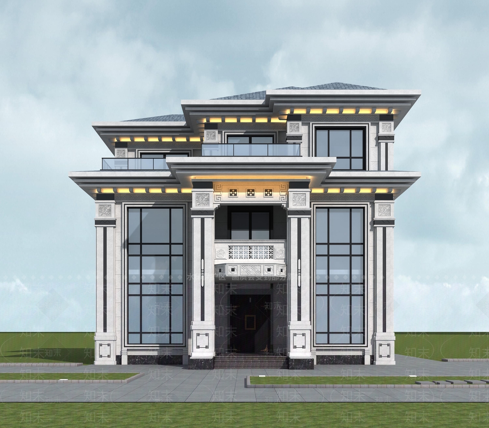 新中式别墅外观3D模型下载【ID:1198752025】