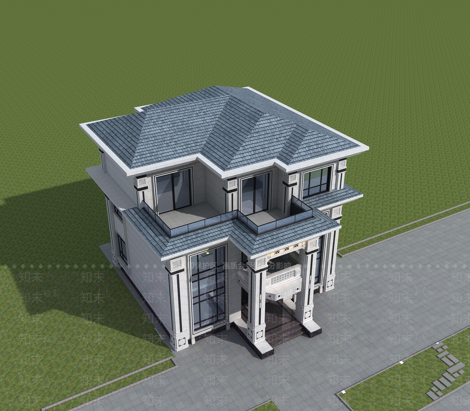 新中式别墅外观3D模型下载【ID:1198752025】