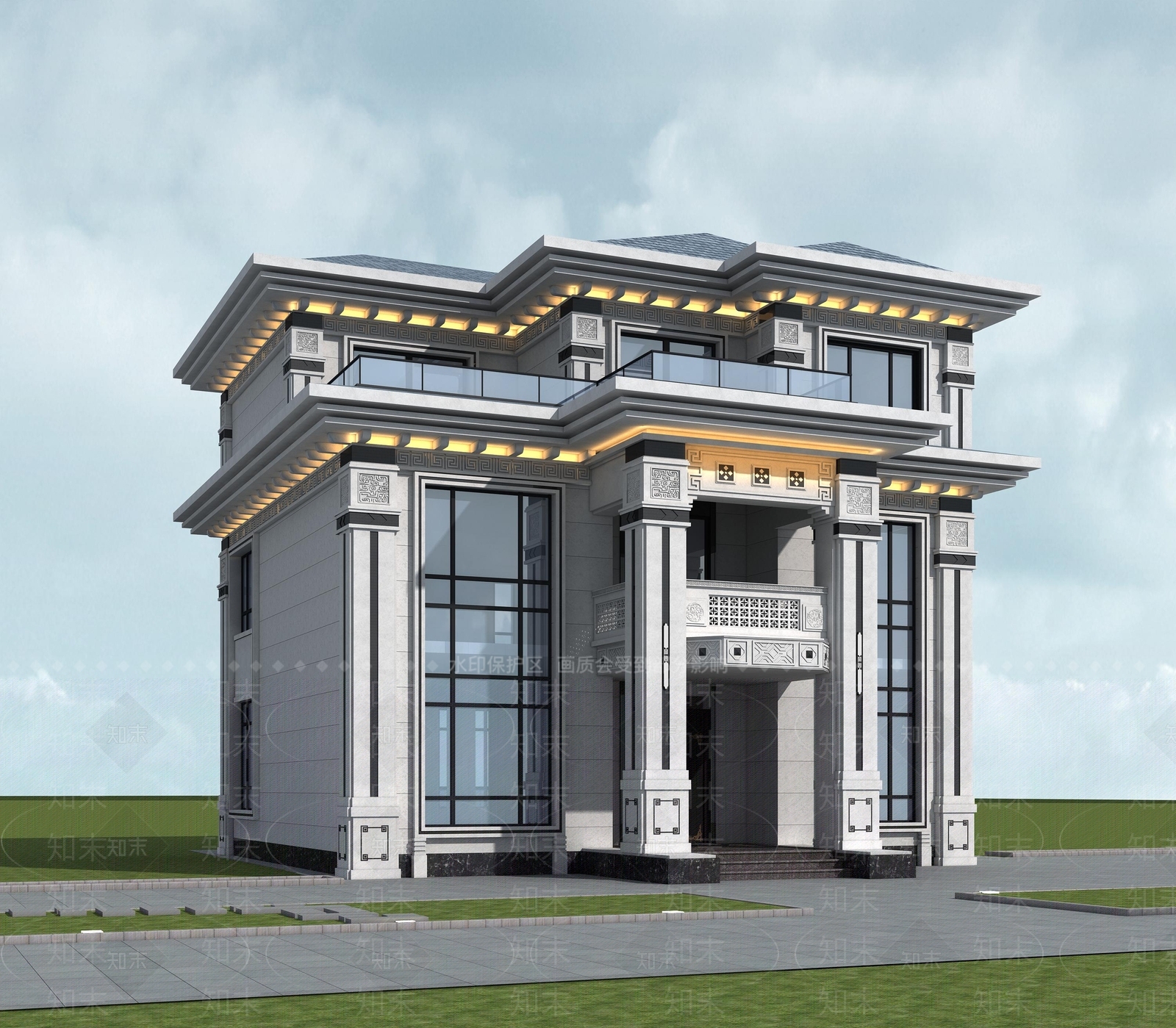 新中式别墅外观3D模型下载【ID:1198752025】