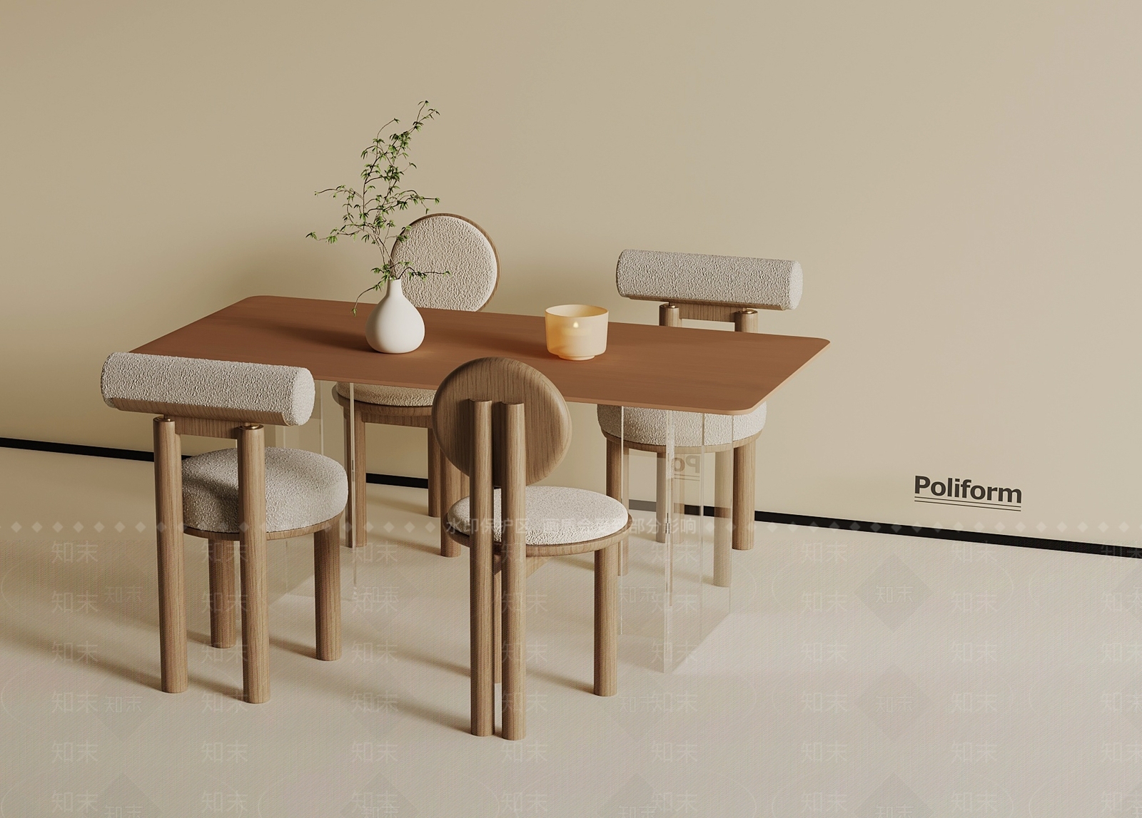 现代奶油餐桌椅3D模型下载【ID:1198760554】
