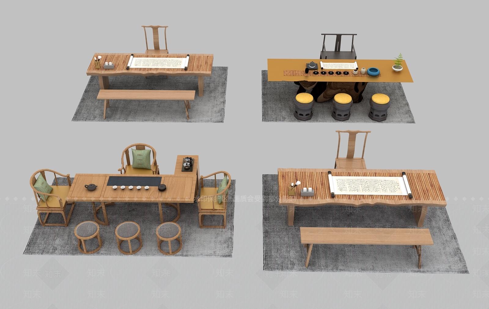 中式新中式茶桌椅3D模型下载【ID:1198795116】