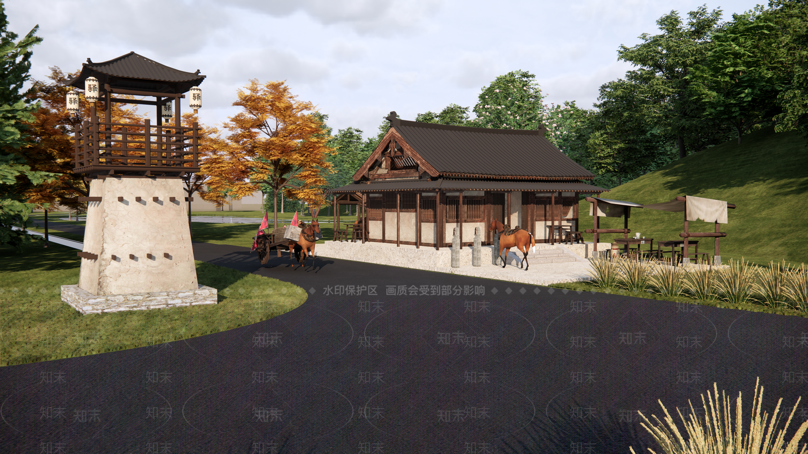 中式原木古建筑SU模型下载【ID:1198980889】