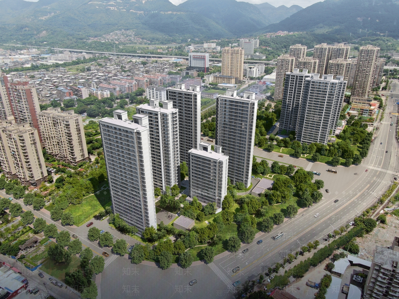 现代新中式小区建筑SU模型下载【ID:1198991339】