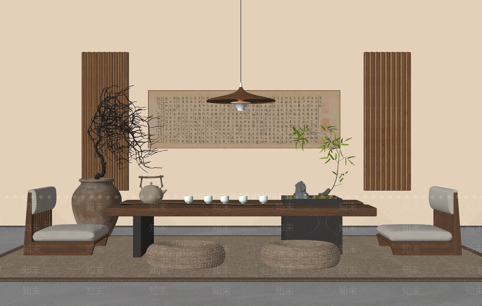 新中式日式茶桌椅SU模型下载【ID:1199019740】