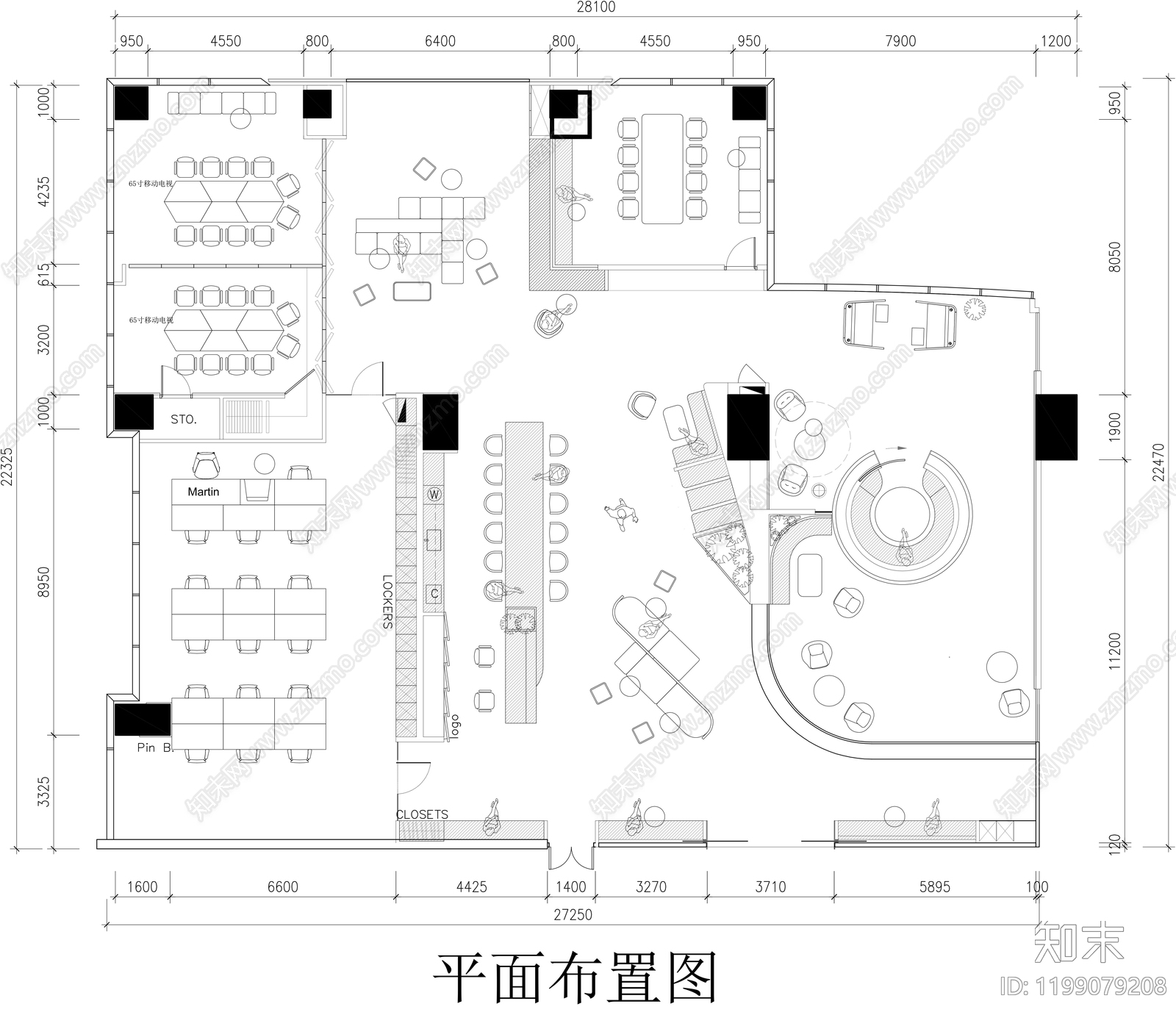 现代开放办公室cad施工图下载【ID:1199079208】