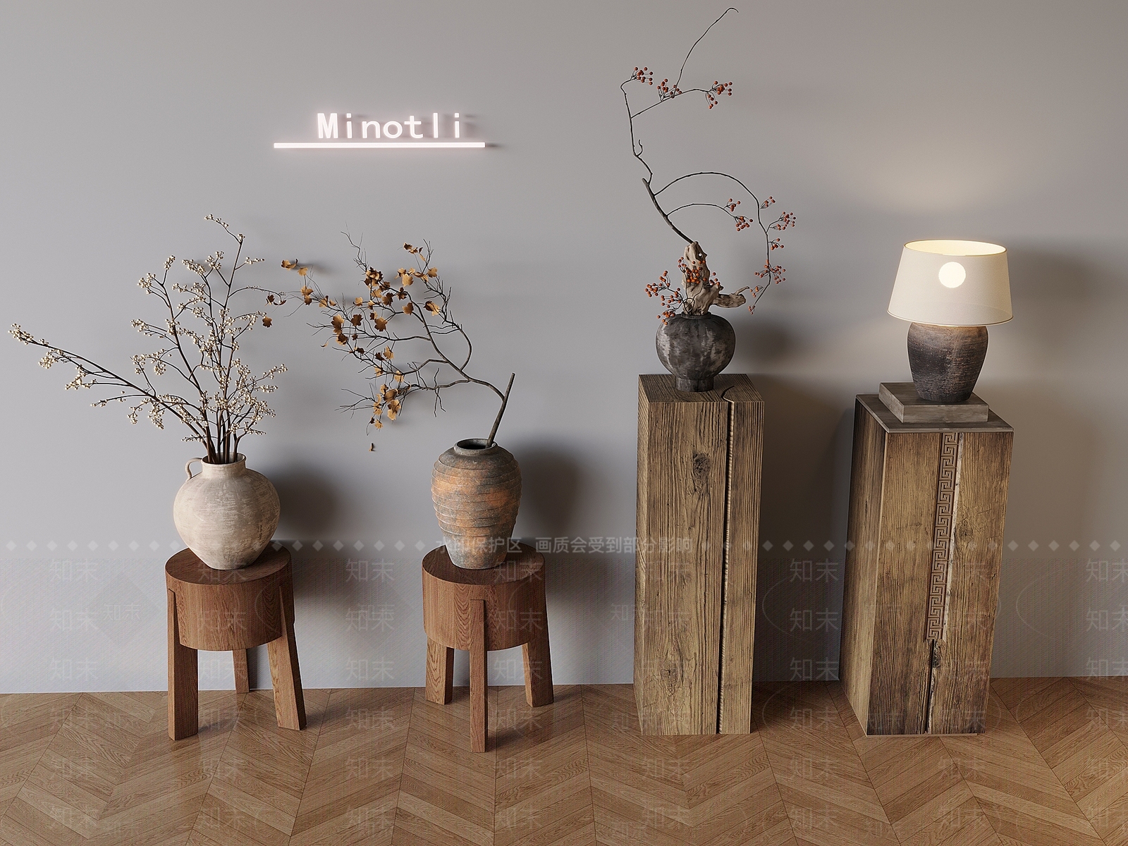 中式侘寂花架3D模型下载【ID:1199104871】