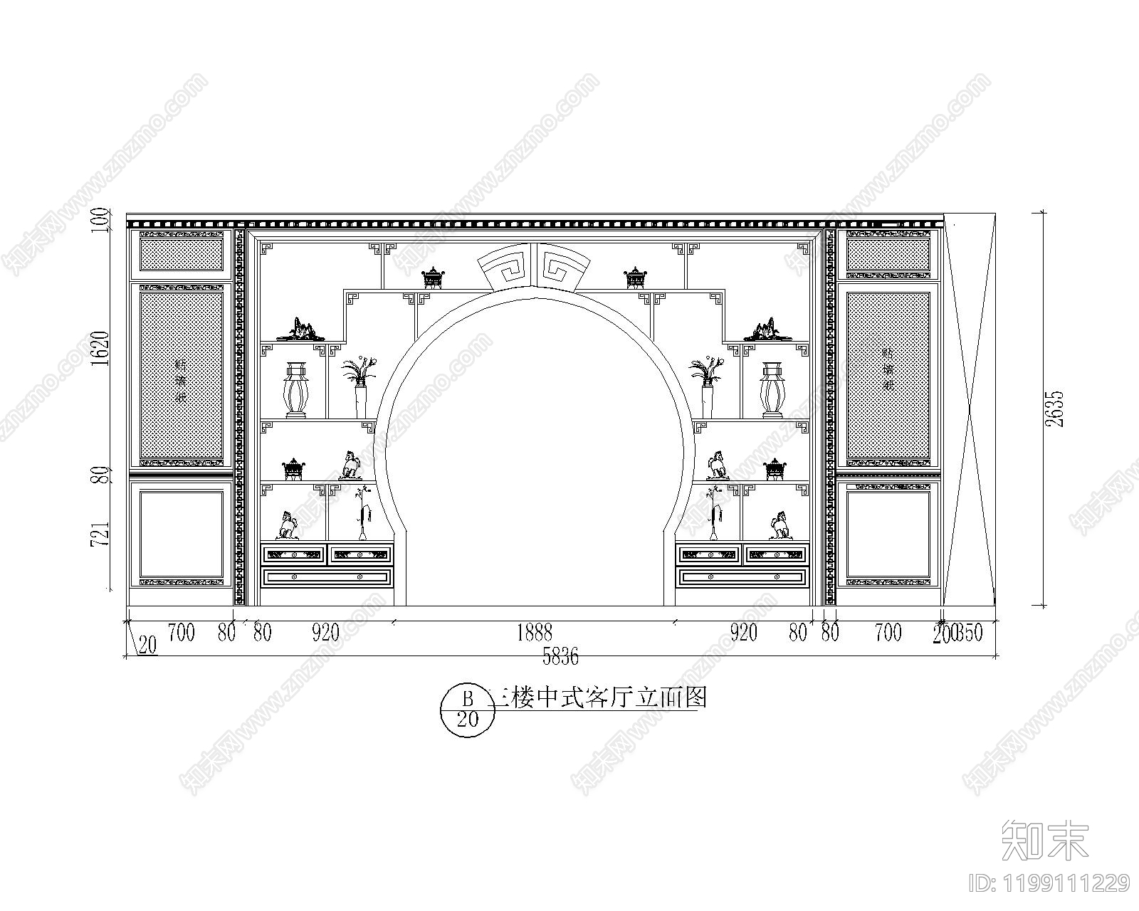 中式屏风隔断施工图下载【ID:1199111229】