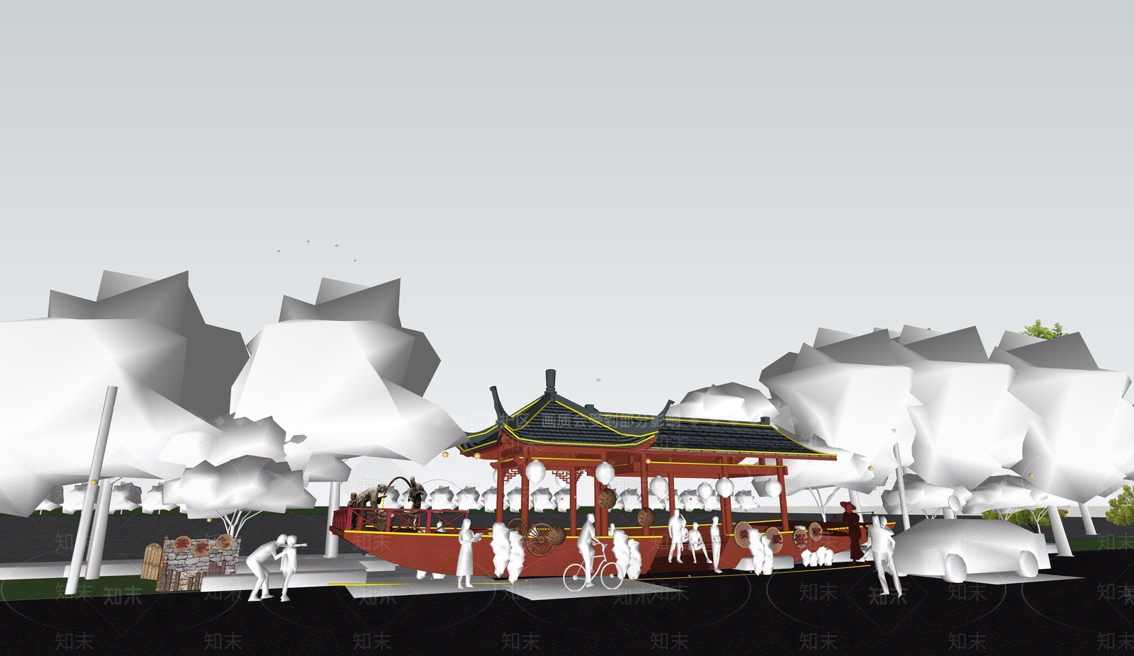 现代中式滨水景观SU模型下载【ID:1199114134】