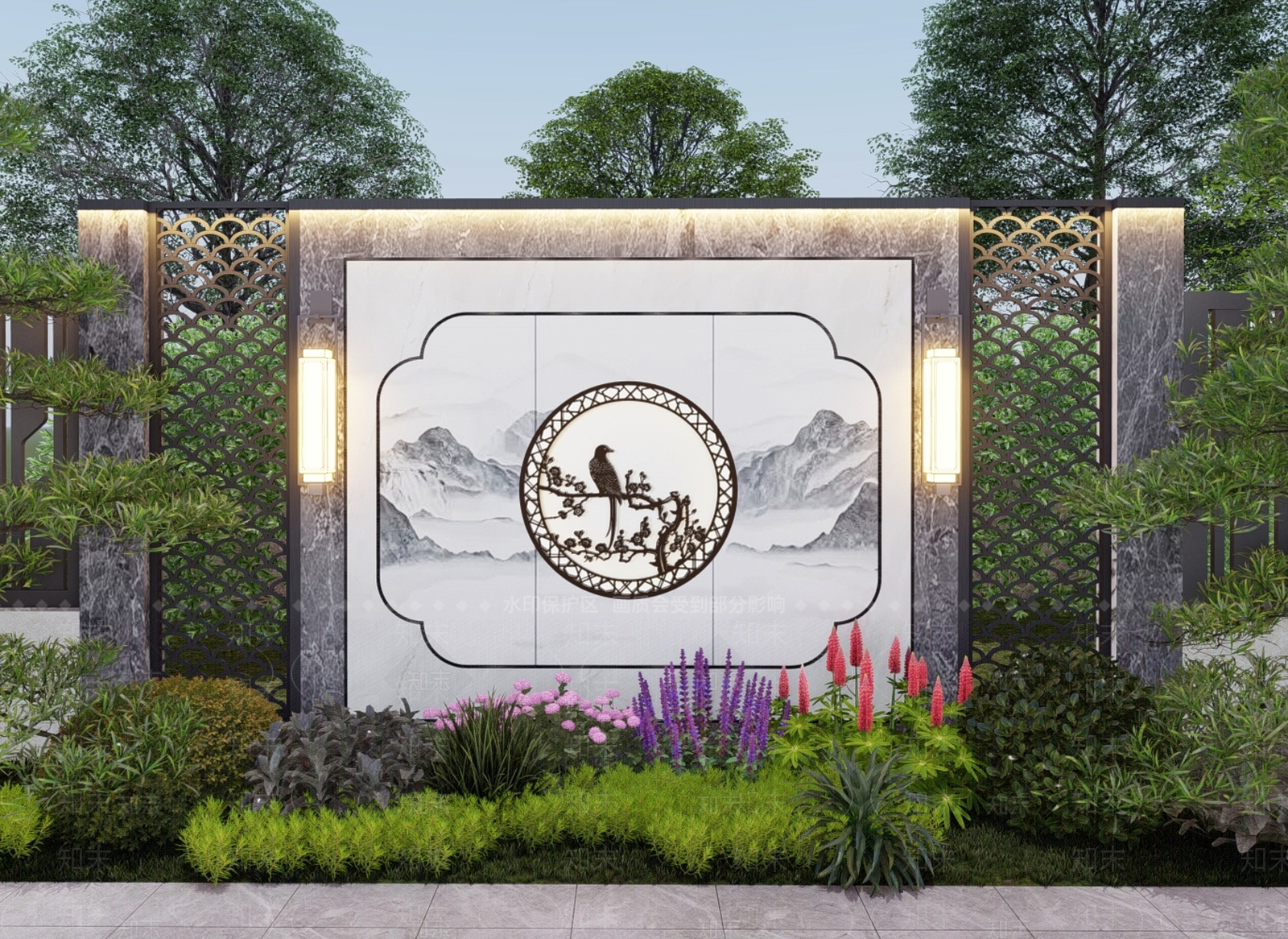 新中式景墙SU模型下载【ID:1199131617】