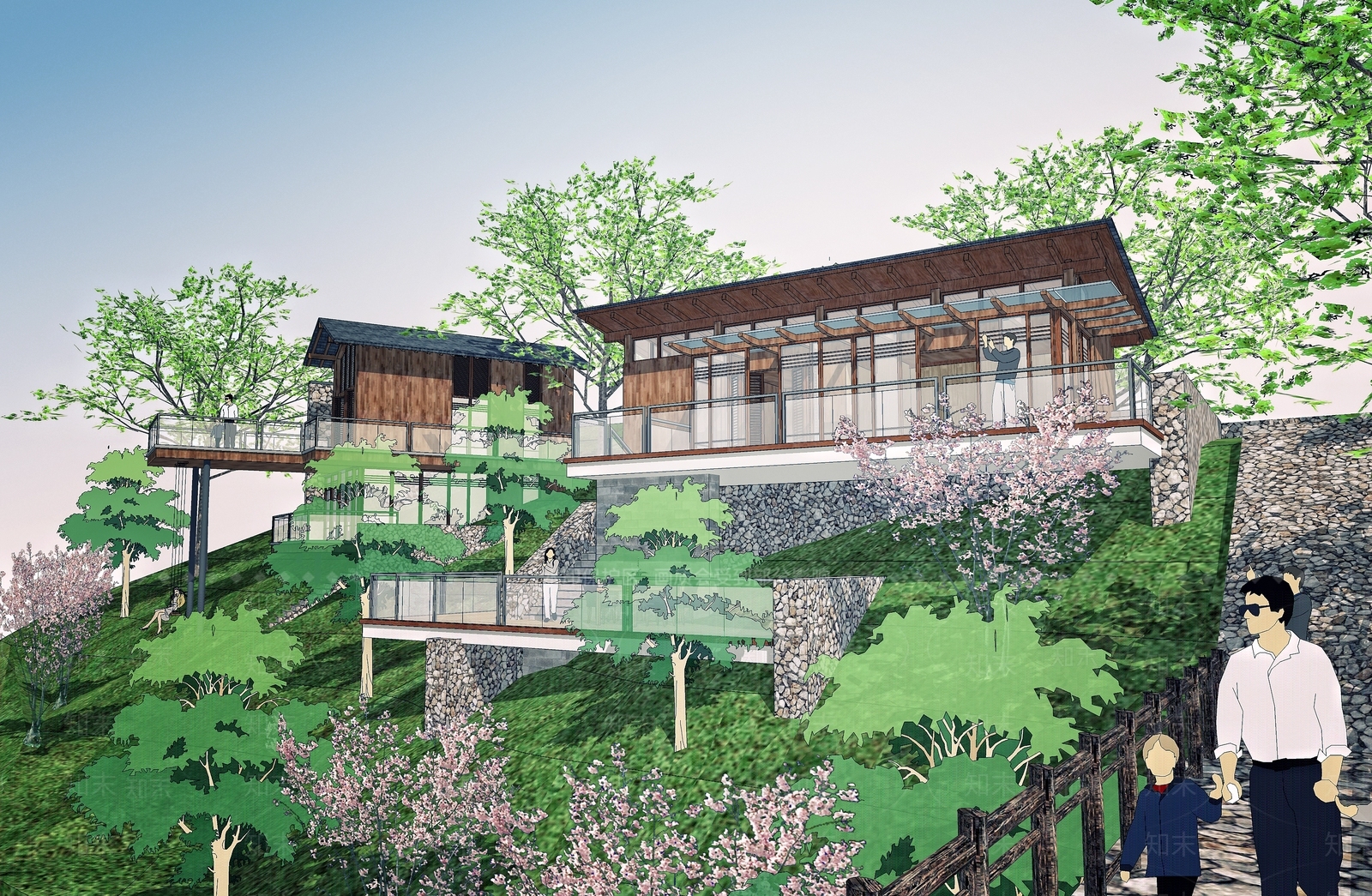 现代原木民宿建筑SU模型下载【ID:1199178417】