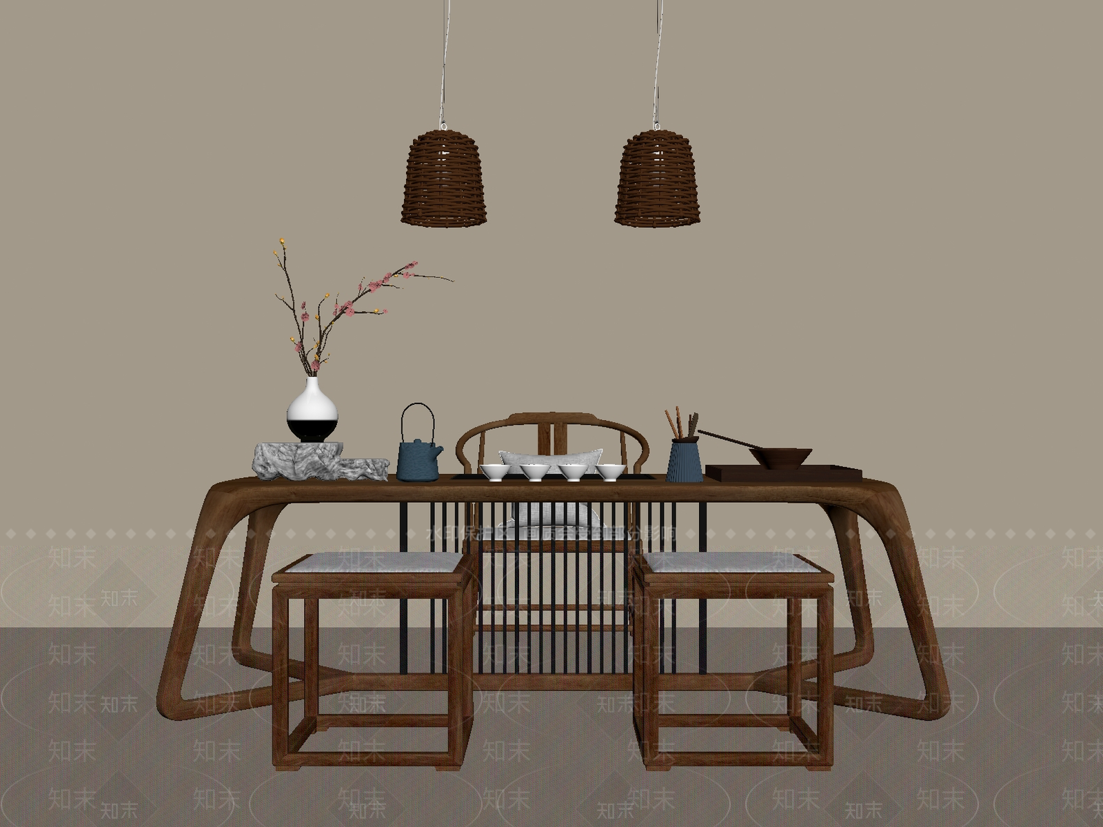 新中式中古茶桌椅SU模型下载【ID:1199225595】