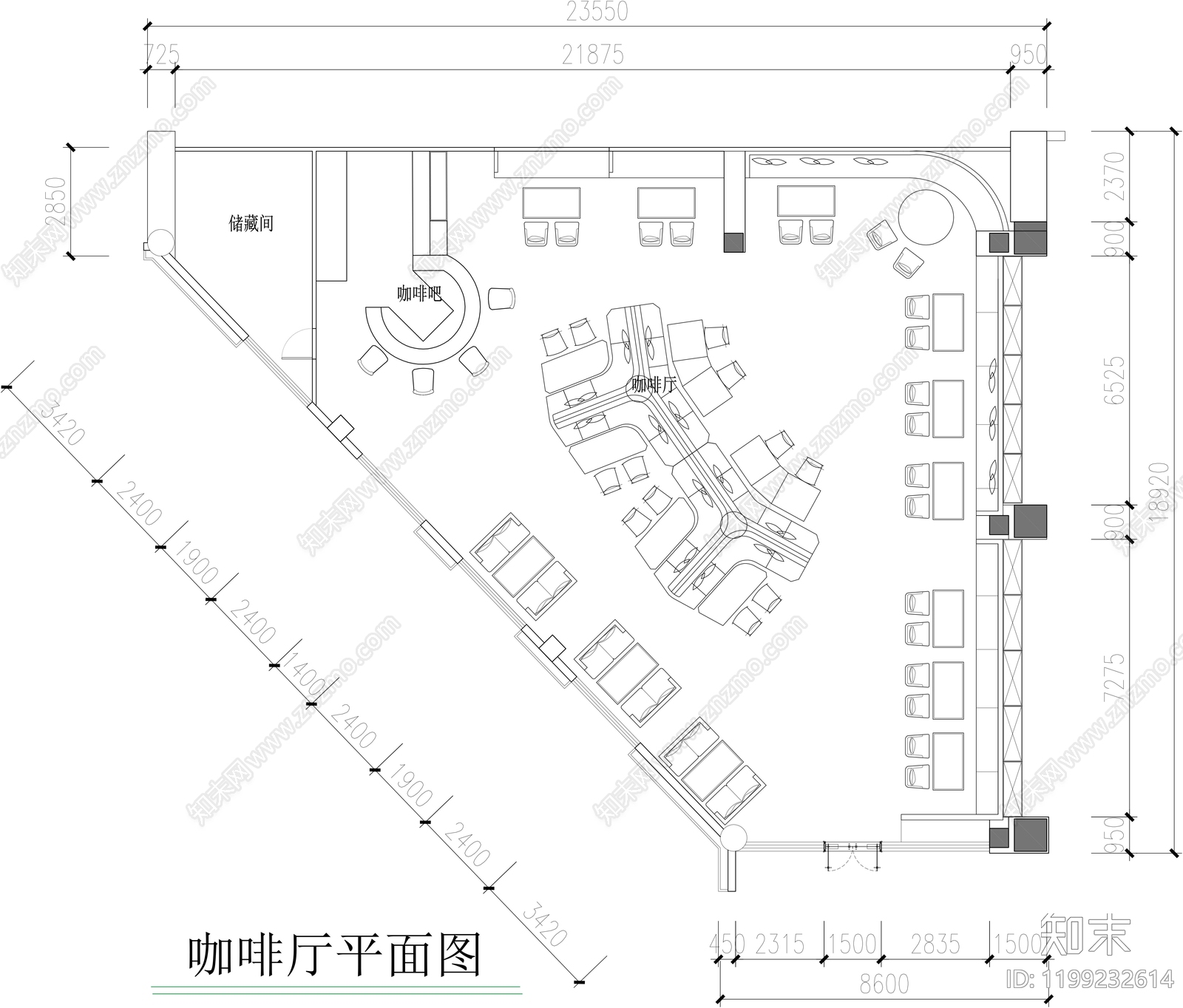 现代咖啡厅cad施工图下载【ID:1199232614】