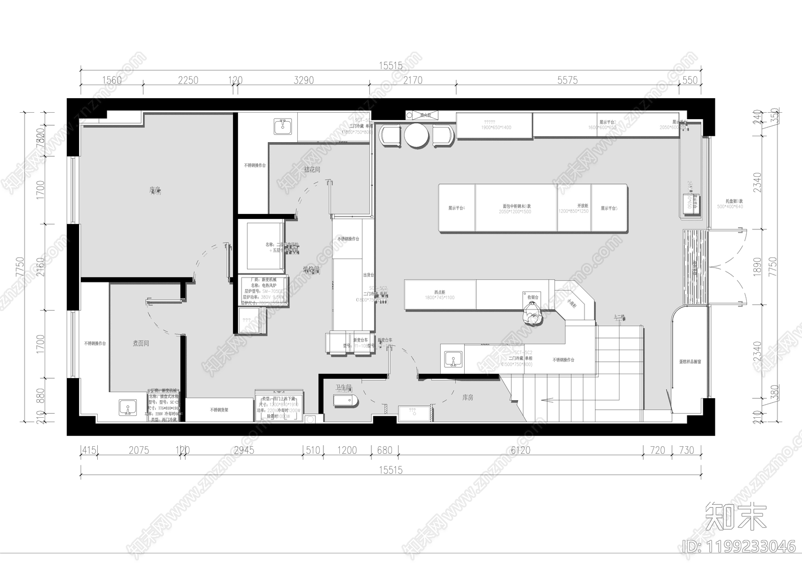 现代面包店cad施工图下载【ID:1199233046】