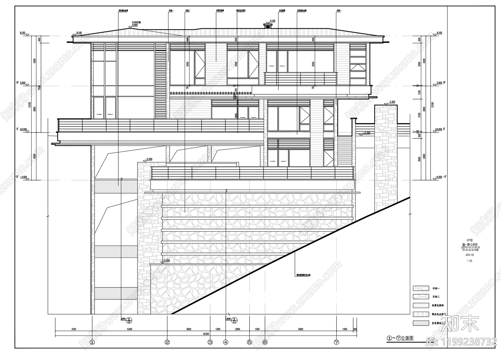 现代别墅建筑施工图下载【ID:1199238732】