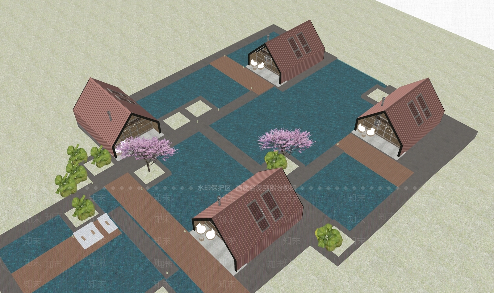 现代中式民宿建筑SU模型下载【ID:1199260036】