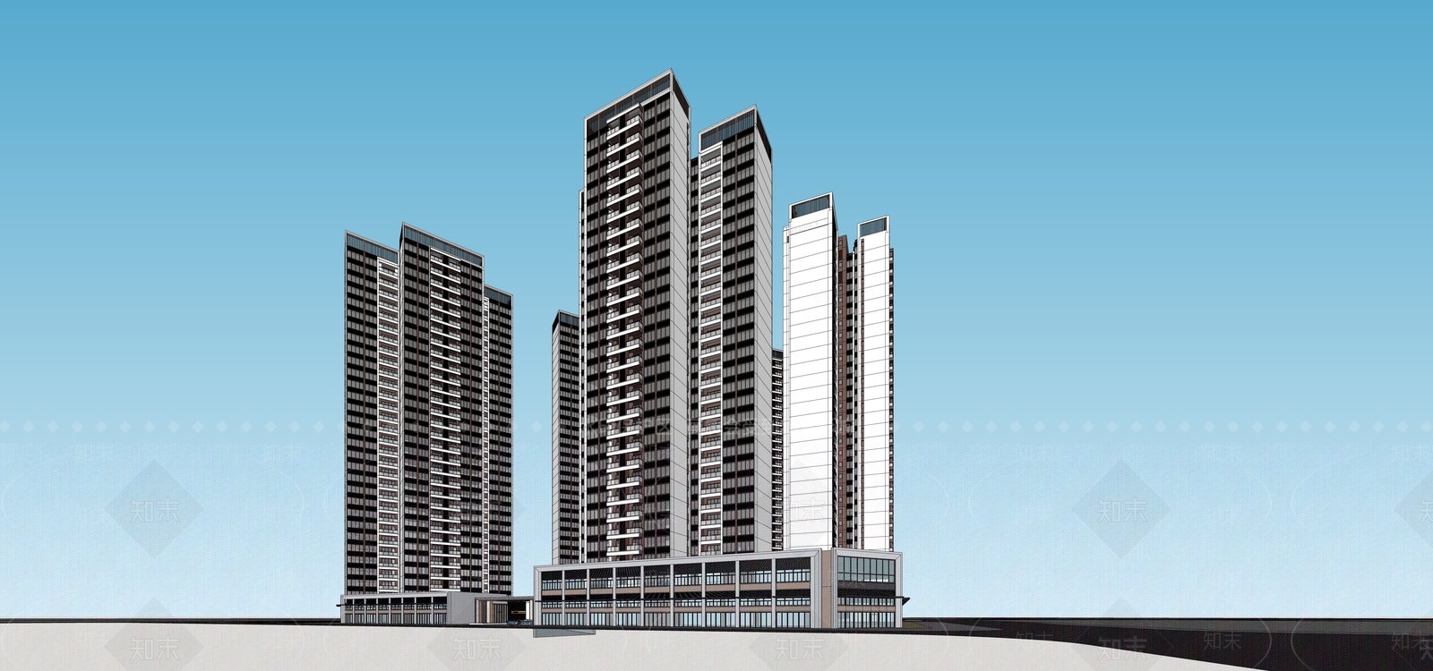 现代中式小区建筑SU模型下载【ID:1199274220】