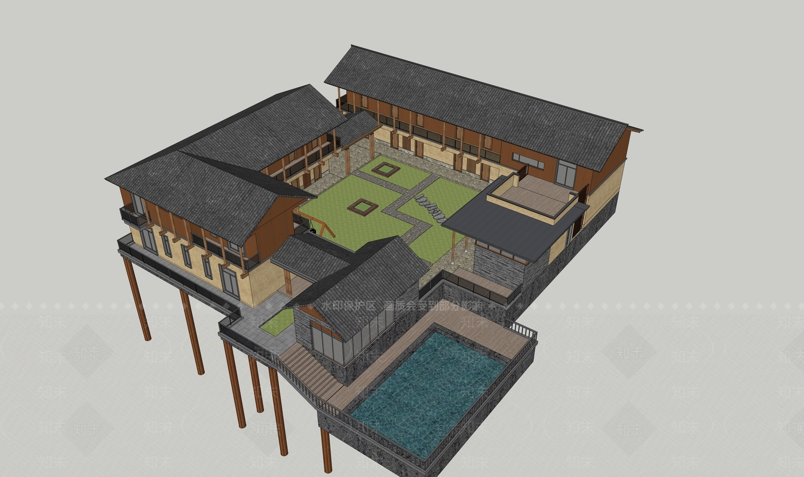 现代新中式民宿建筑SU模型下载【ID:1199278867】