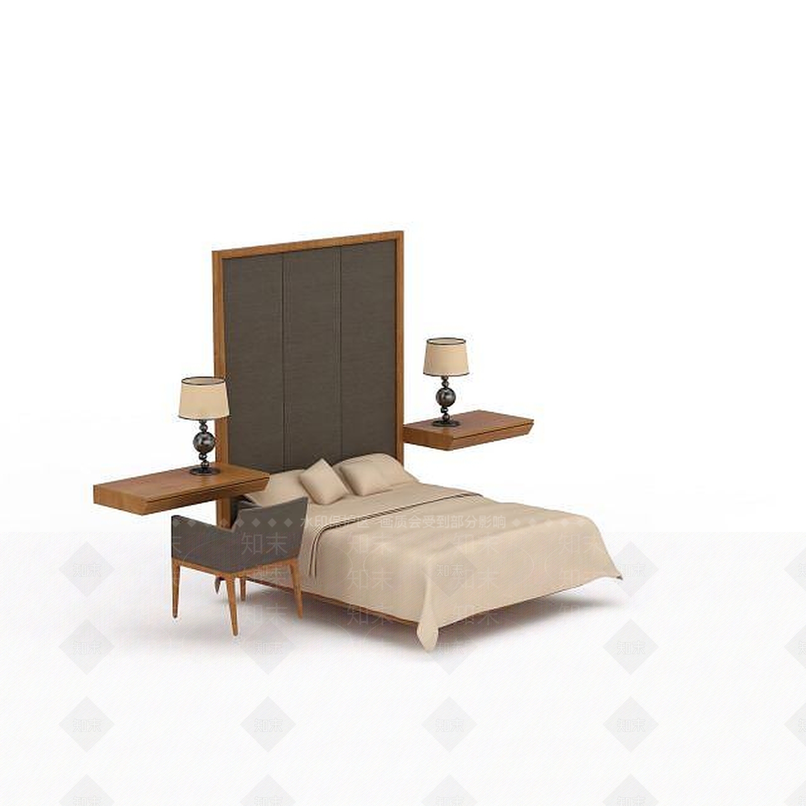 现代酒店双人床3D模型下载【ID:1199341918】