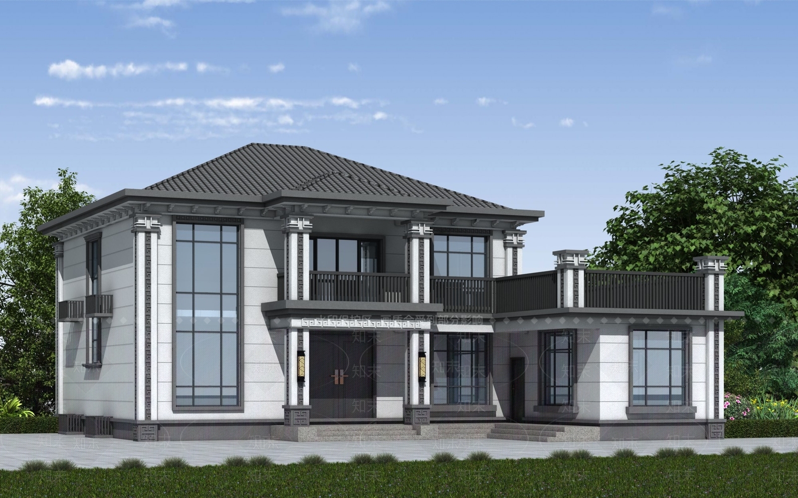 新中式别墅外观3D模型下载【ID:1199344518】