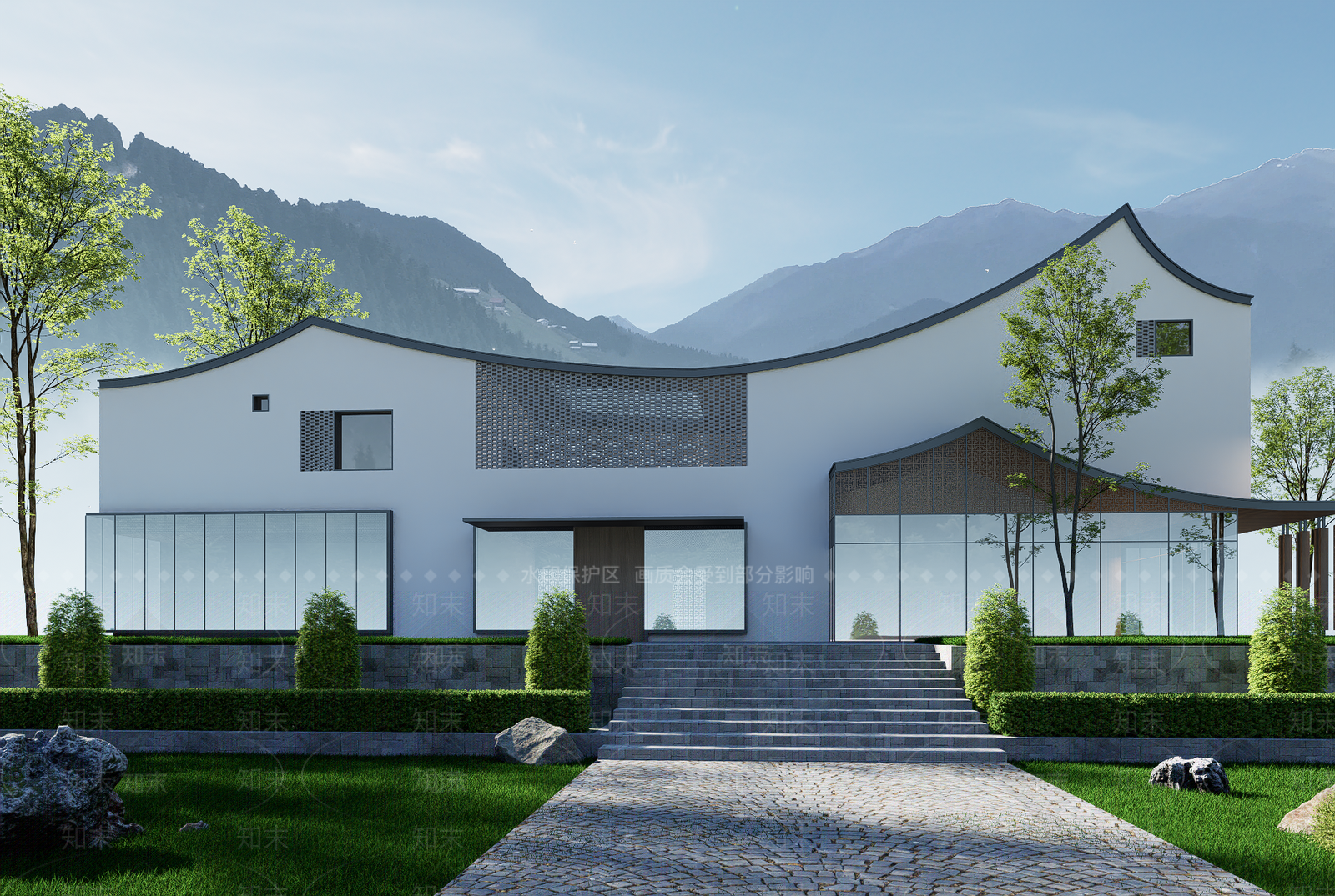 新中式中式民宿建筑SU模型下载【ID:1199386654】