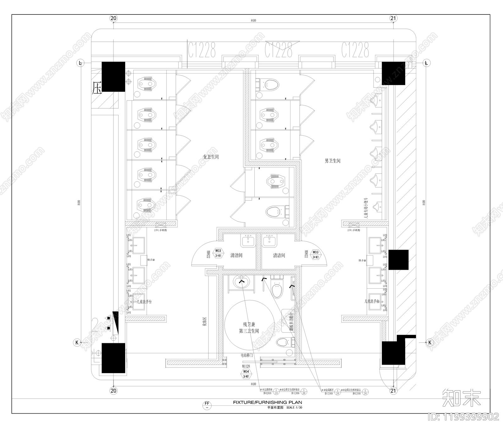 现代公共卫生间cad施工图下载【ID:1199399902】