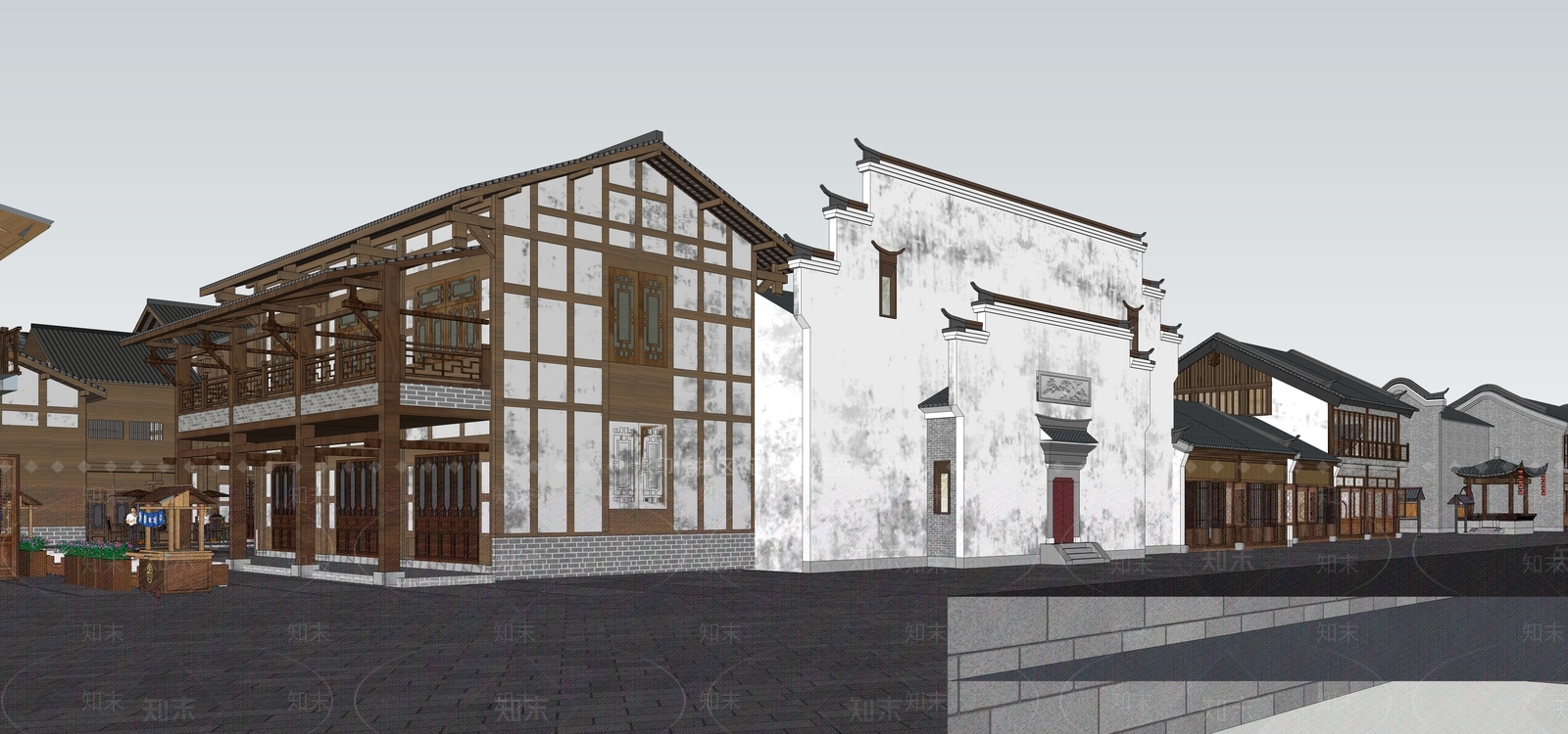 中式复古商业街SU模型下载【ID:1199474181】