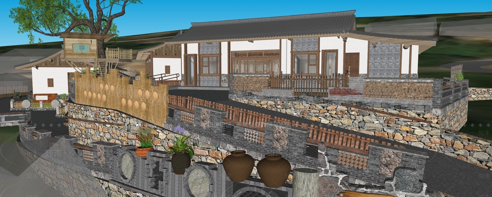新中式民宿建筑SU模型下载【ID:1199534425】