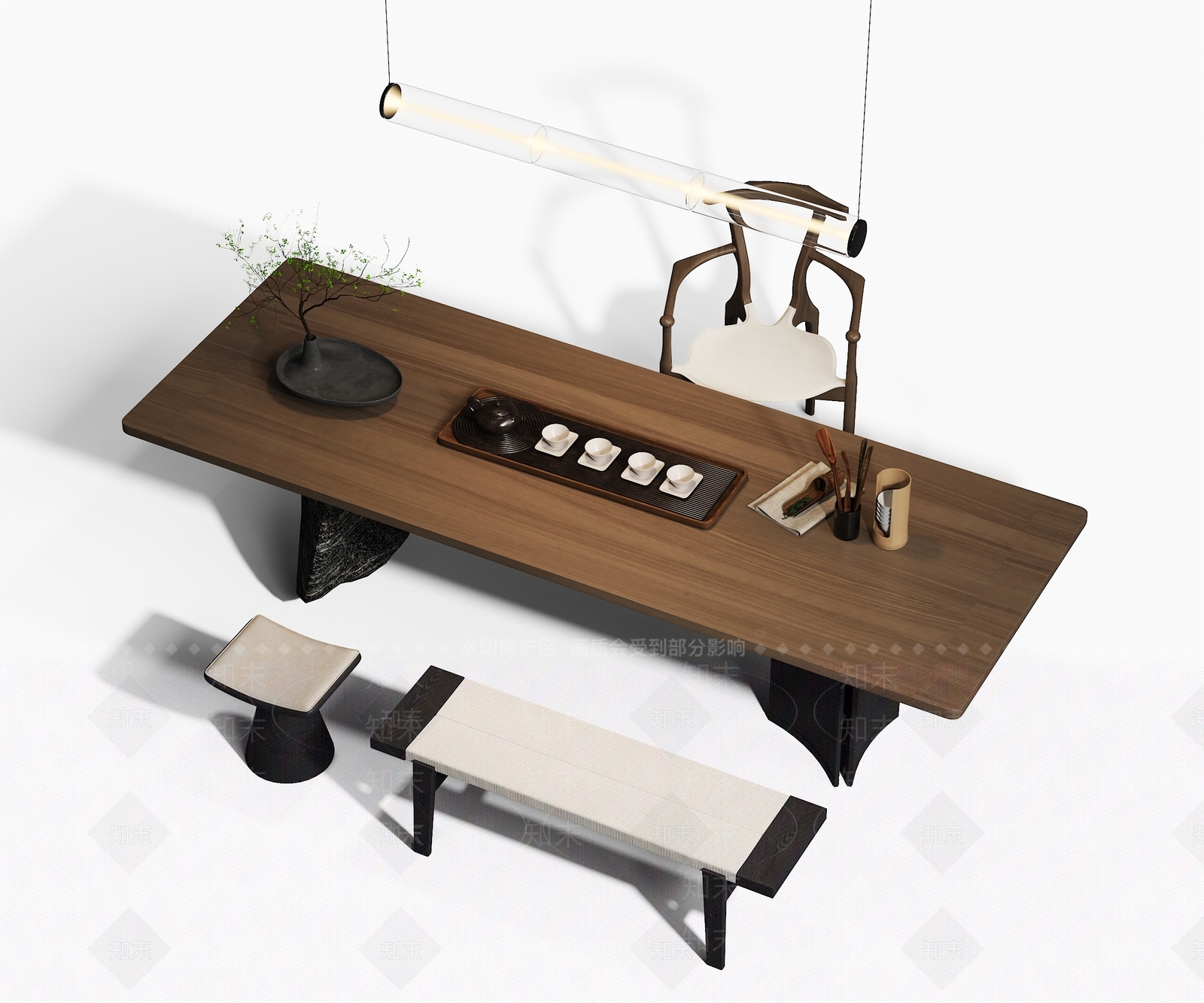 现代新中式茶桌椅3D模型下载【ID:1199536902】