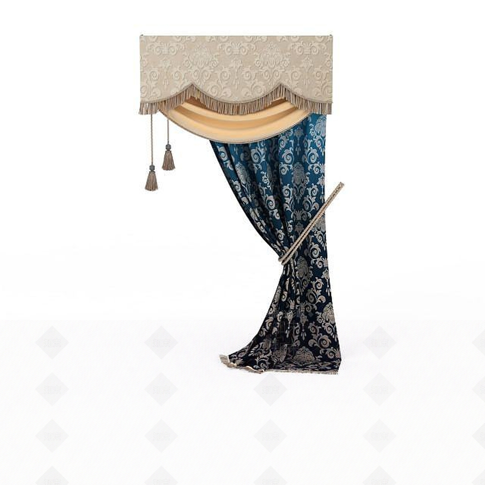 现代精美印花布艺窗帘3D模型下载【ID:1199563360】